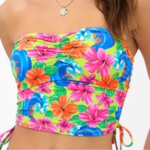 Frankie’s Bikinis “Paloma” Floral Strapless Bikini Top in Neon Surfer